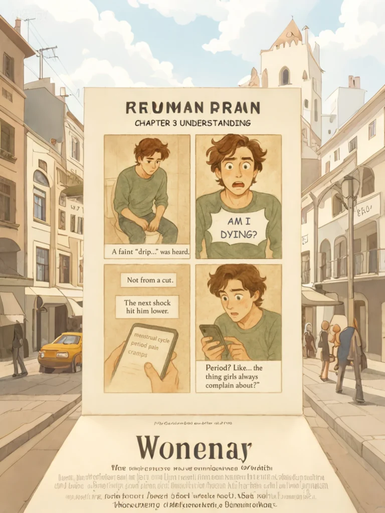 Boy clutching stomach in fear after experiencing first menstrual cramps