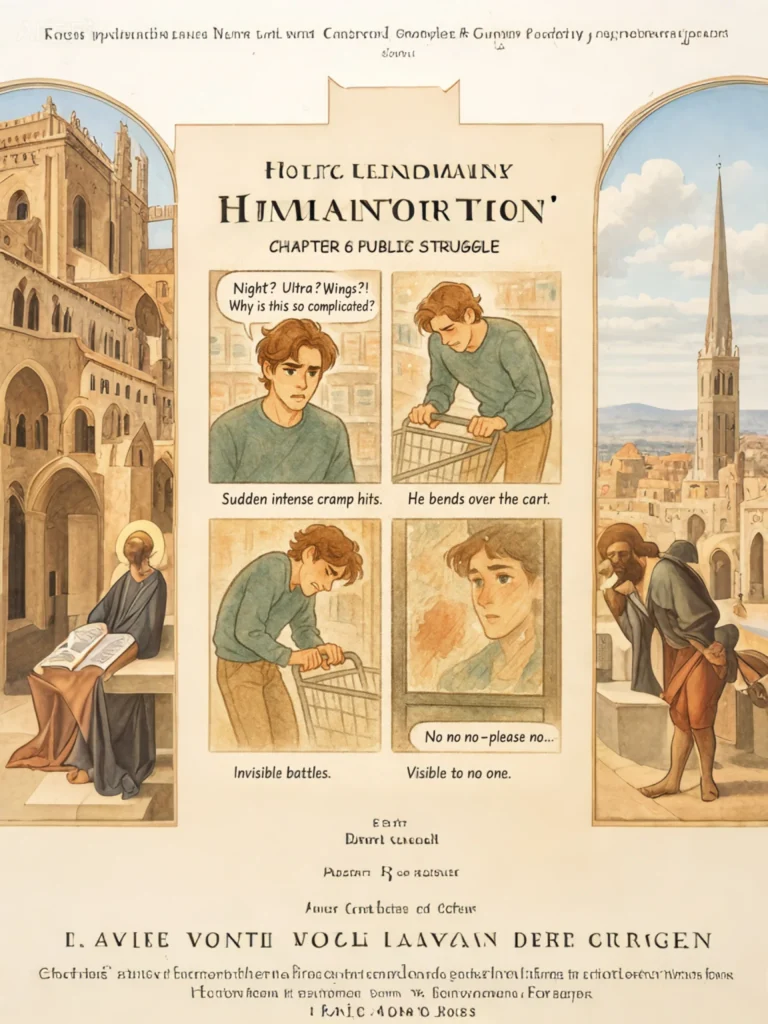 Boy bending over in pain while shopping, feeling invisible menstrual cramps in public