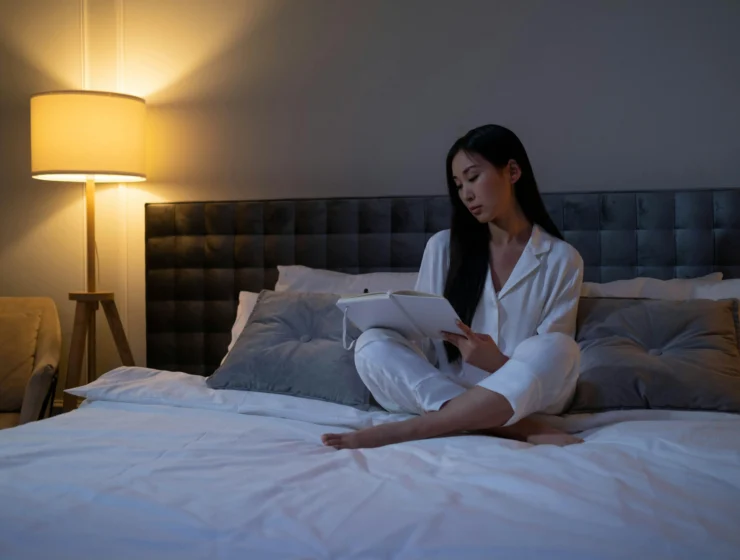 A peaceful woman in a softly lit bedroom preparing for her evening ritual, symbolising gentle boundaries, self-care, and quiet reconnection.