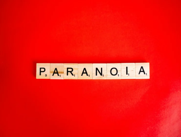 Paranoia word on red background symbolising overthinking and anxiety patterns for SheJournal’s grounding rituals article